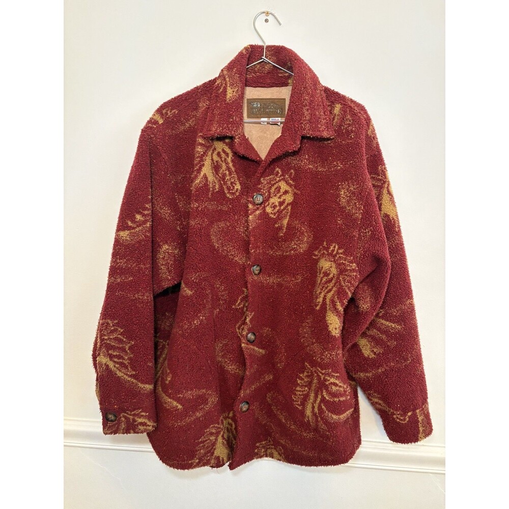 Bear Ridge Outfitters Red Fleece Blanket Jacket Horse Pattern Size L Made In USA